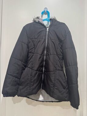 Weathertamer-Black Quilted Hooded Puffer Jacket with Faux Fur Trim